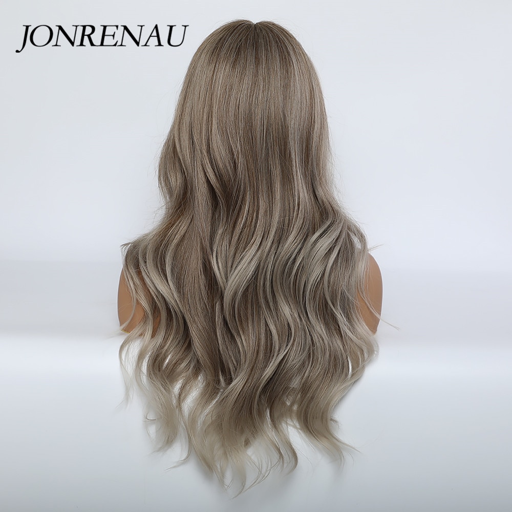 Jonrenau syntetisk lysebrun farge med høydepunkter naturlige langbølgede parykker med penn pannelugg til hvite/svarte kvinner hverdagsparykker