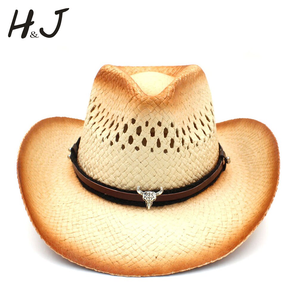 Women Men Western Cowboy Hat With Punk Bull Head Band Straw Lady Dad Beach Sun Sombrero Cap Mesh Cowgirl Jazz Hat Size 58CM