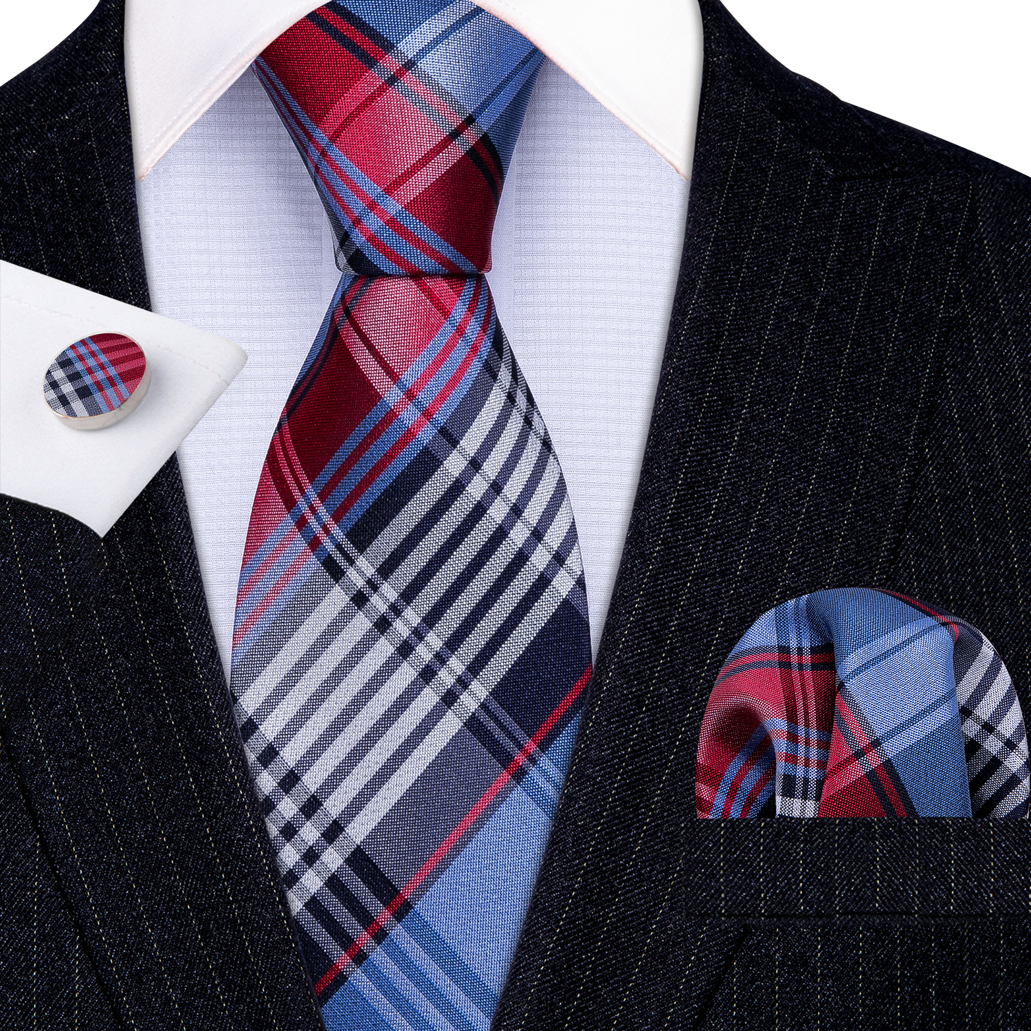 Red Blue Plaid 100% Silk Tie For Men Suit Wedding Tie Barry.Wang NeckTies Hanky Sets Business LN-5341
