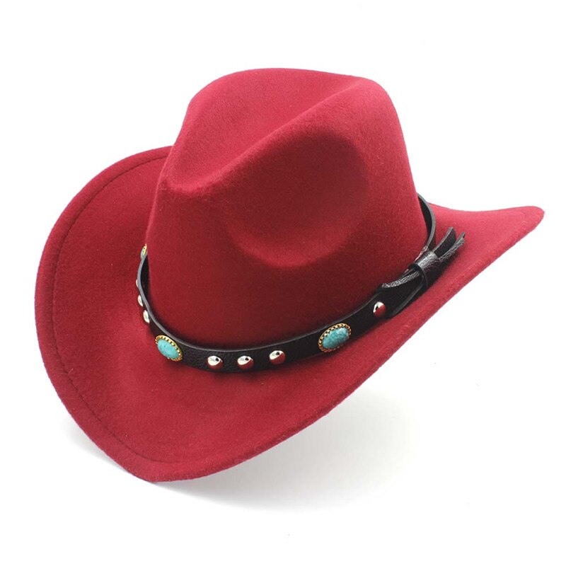 Kvinder mænd uld hul western cowboyhat gentleman filt cowgirl jazz ridesport sombrero kasket str. 56-58cm s35: Rødvin