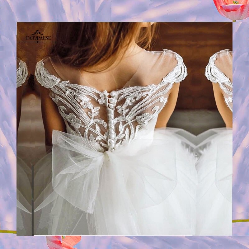 FATAPAESE First Communion Dress Holy White Flower Girl Dress Off Shoulder lllusion Lace Edge A Line Ball Gown With Bow Buttons