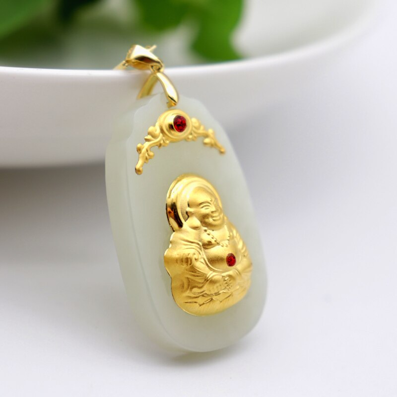 Goede Lucky Hetian Jades Hangers Goud Gesneden Smiley Gezicht Maitreya Budd Boeddhistische Ingelegd Rhinestone Mannen Vrouwen Amulet Ketting
