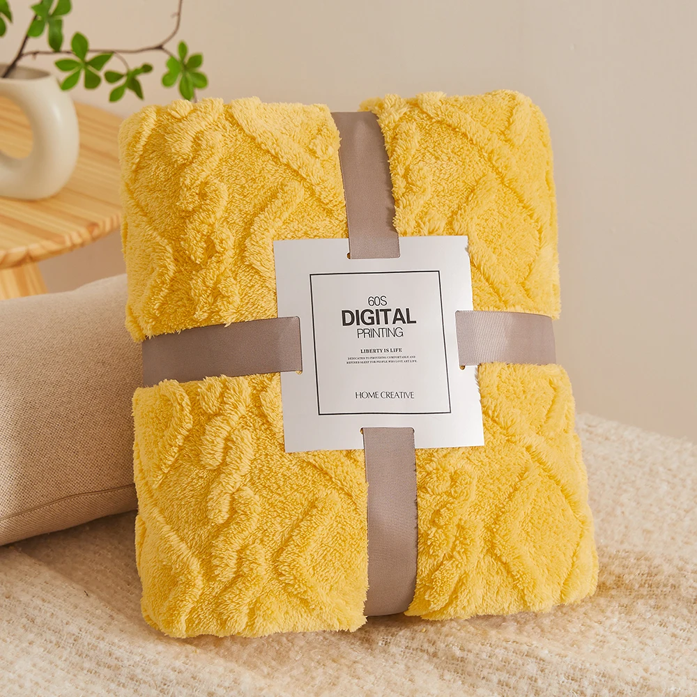 Coral Fleece Velvet Blanket Solid Double sided Jacquard Geometric Pattern Thickened Blanket Bedspread Plaid Blankets: 180*220cm / Blue