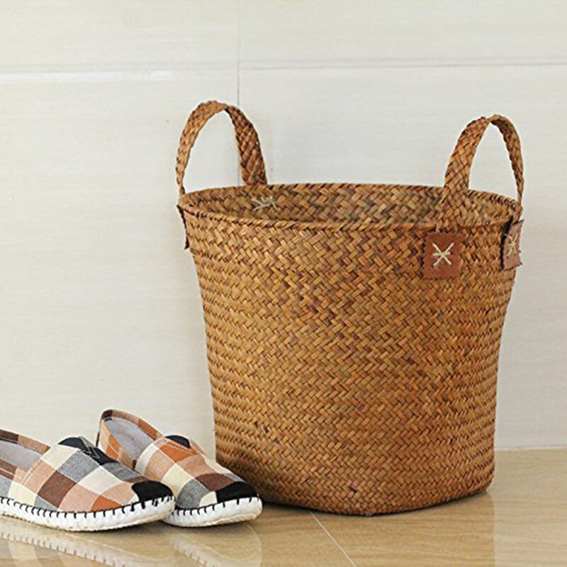Naturlig rund halmkorg handgjord med handtag orange 33 x 21 x 26cm