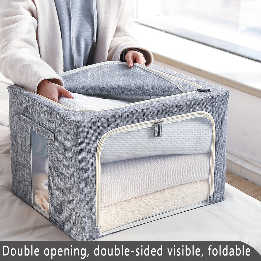 Caja de almacenamiento gruesa de lino y algodón para el hogar, caja de tela con cubierta plegable para guardar ropa, juguetes, ventana grande, organización
