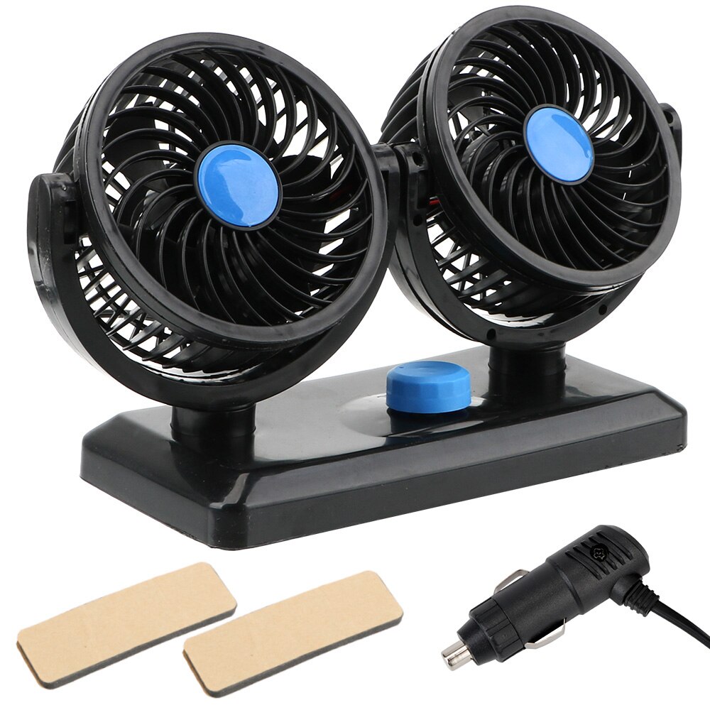 Dual Head Low Noise Radiator Fan 360 Degree Rotating All-Round 12V/24V Electric Fan Adjustable for Auto Car Air Cooling Fan: Blue 12V