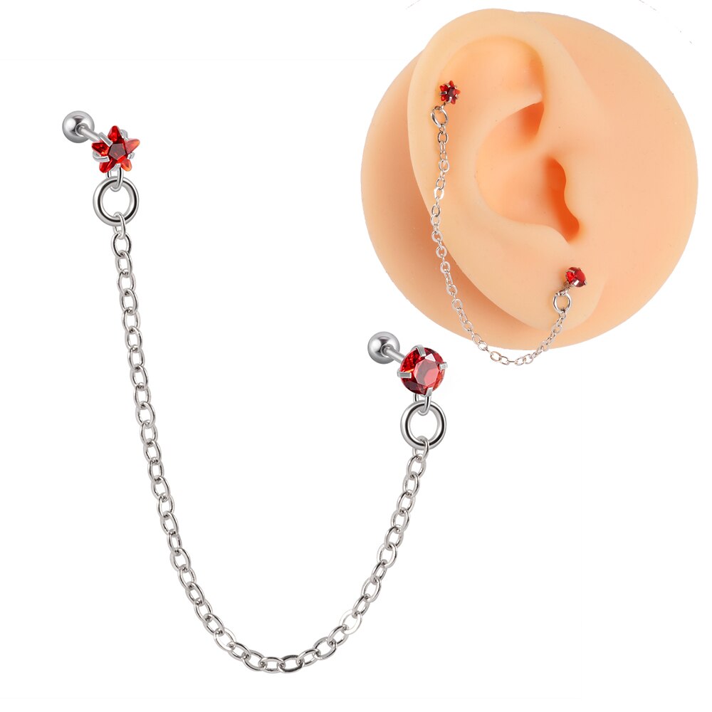 1Pc Chirurgisch Staal Cz Gem Oor Tragus Kraakbeen Piercing Zirkoon Dangle Chain Earring Conch Oor Stud Helix Piercing Body sieraden: 1PC Red Star