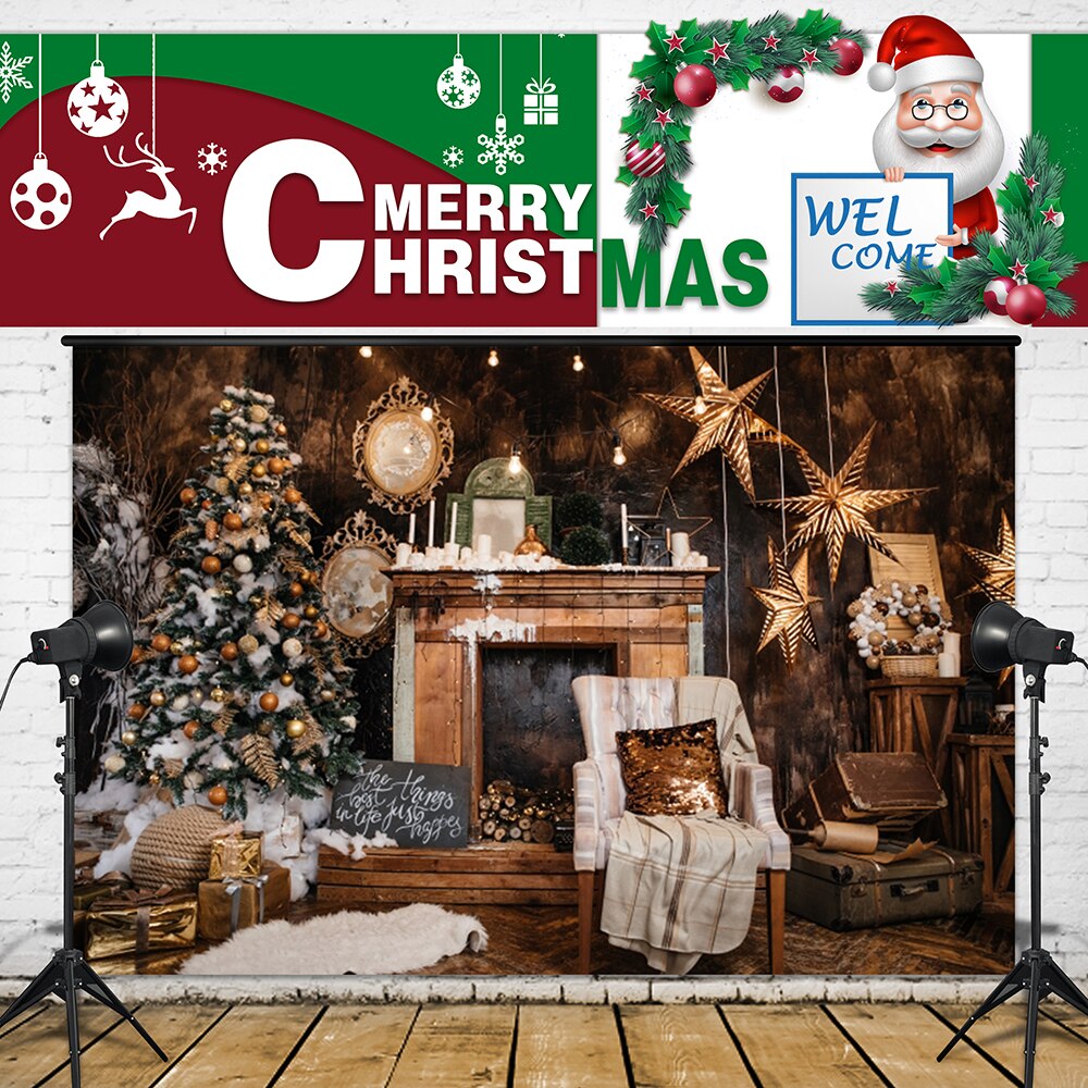 7x5ft Photography Backdrop Retro Christmas House Tree Stars Wood Board Background Vinly Cloth Wall Decor Baby Birthday Party