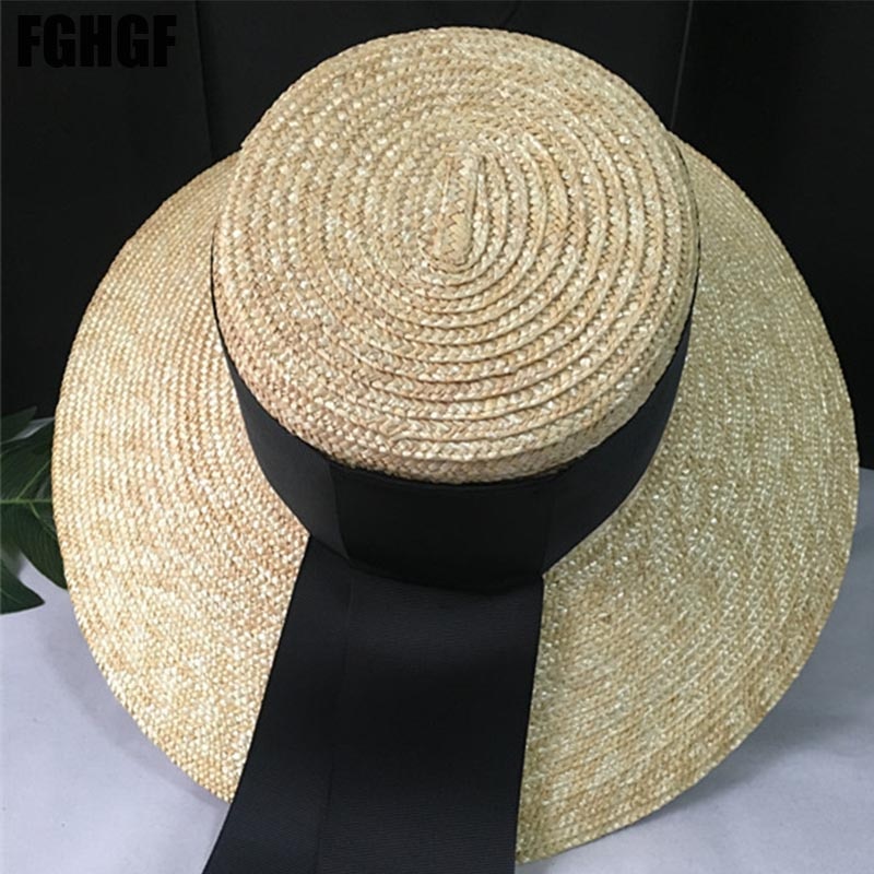 Natural Women Sun Hats Black Ribbon 9cm 13cm 15cm Flat Top Large Wide Brim Straw Hats Straw Hat Chapeu Sombrero Beach Hats