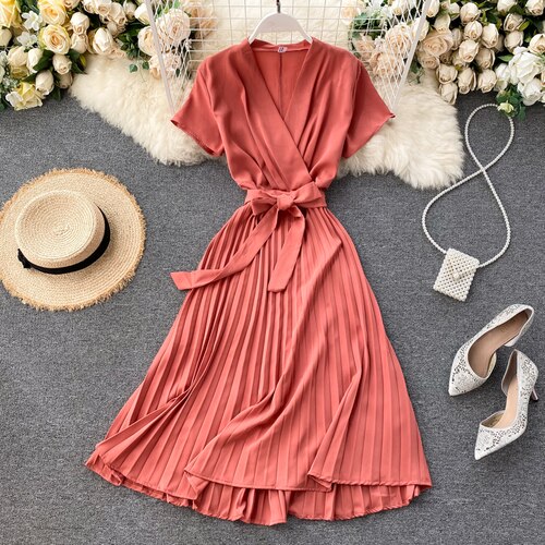 Midi retro Dress Women's Solid Color V-neck Lace-up Waist Slimming over-the-Knee Pleated Dress Office Lady: Watermelon Red