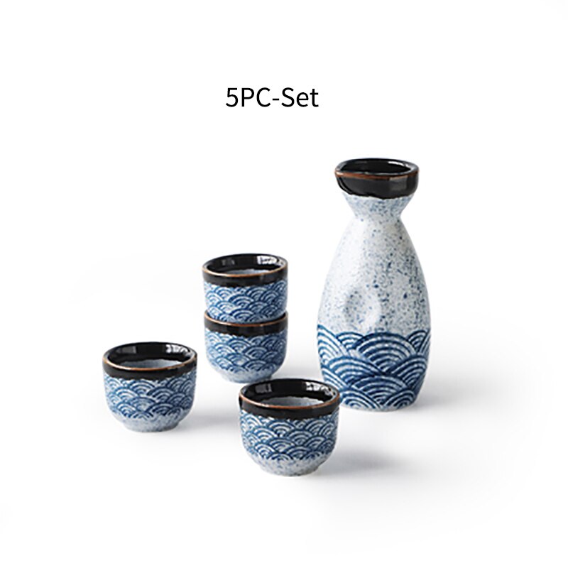 Household Sake Wineware Sea Ripple Ceramic Sake Cup Dispenser Liquor Cup Japanese Sake Shochu Kettle Set: 5pc-Set