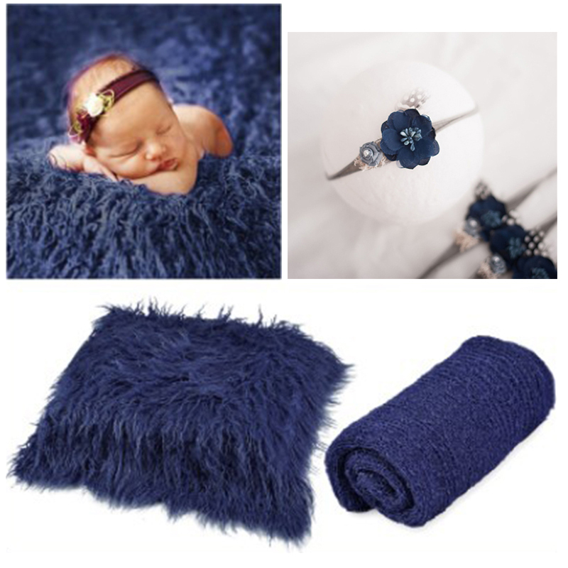 3 Stck neugeboren Fotografie Requisiten Outfits Baby strecken wickeln Swaddle lang Haar Decken Teppich Foto Matte mit Stirnbänder Pro Kleinkind: Marine Blau