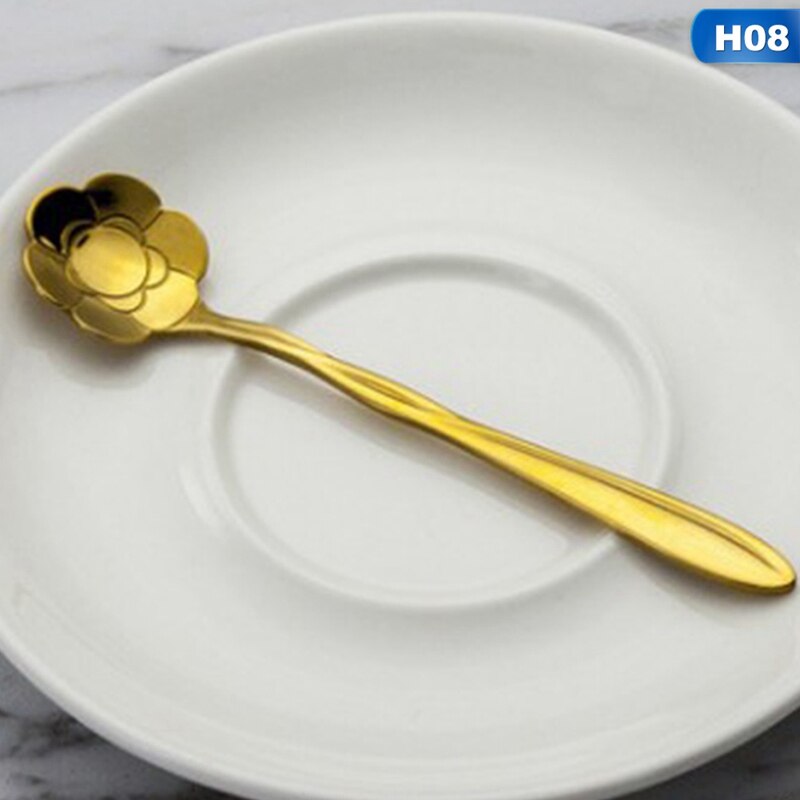 Tableware Coffee Stirring Spoon Ceramic Handle Flower Scoop Stainless Steel Gold Plated Cherry Rose Spoons Kitchen Tools: H08