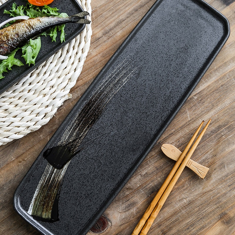 12 Inch Japanese Ceramic Black Sushi Dessert Tray Retro Rectangular Tableware Modern Household Dish Tray Sushi Kitchen Tableware