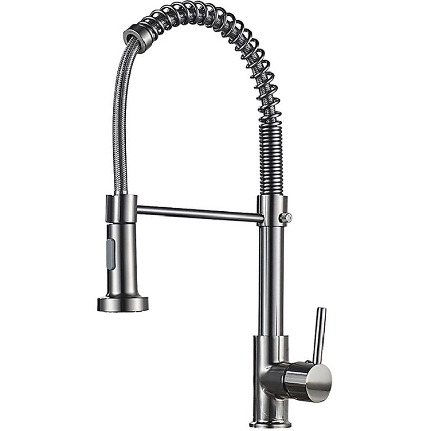 Kitchen Faucets Commercial Solid Brass Single Handle Single Lever Pull Down Sprayer Spring Kitchen Sink Faucet, Silver, Black: Brushed
