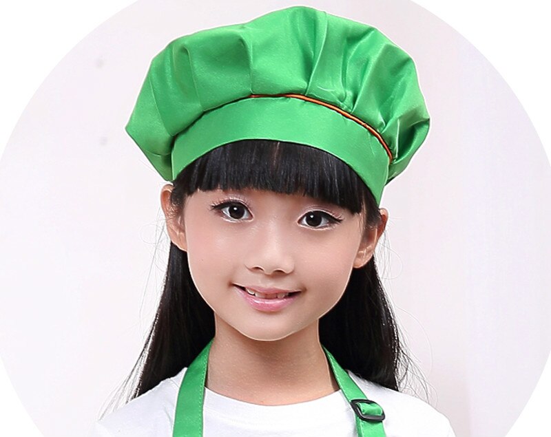 Kid Chef Hat Children's Baking Hat Cute Girls Boys Food Service Kitchen Work Caps Solid Pleated Top Painting Hats: Green