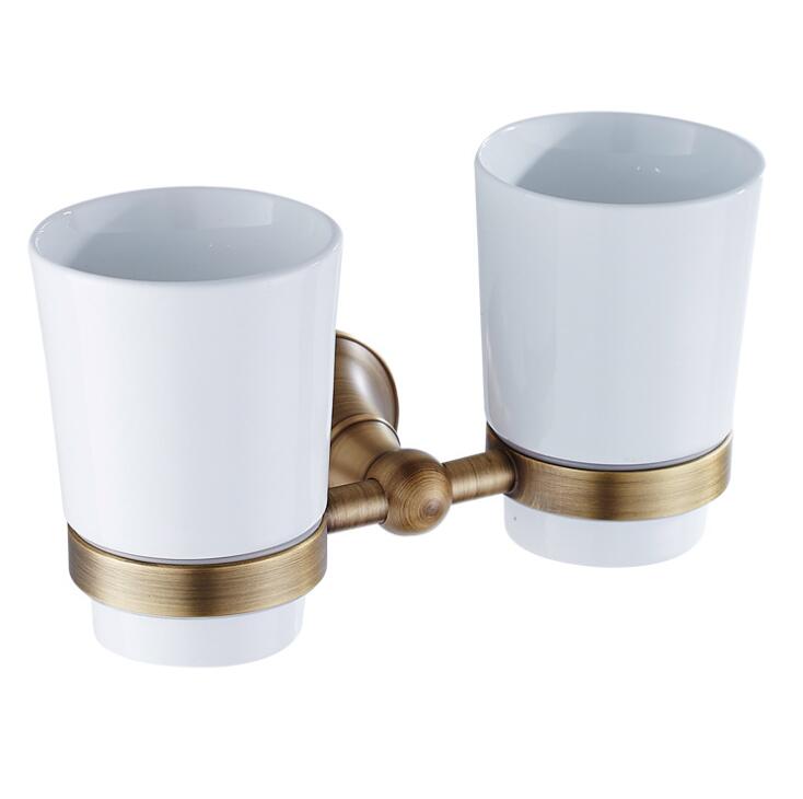 Portavasos y vaso antiguos de latón, soporte para cepillo de dientes antiguo con tazas dobles de cerámica, accesorios de baño, hardware de baño