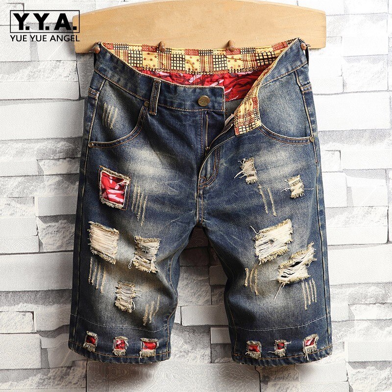 Sommar herr hål slitna jeansshorts japan stil vintage knälånga jeans personlighet patchwork korta jeansbyxor