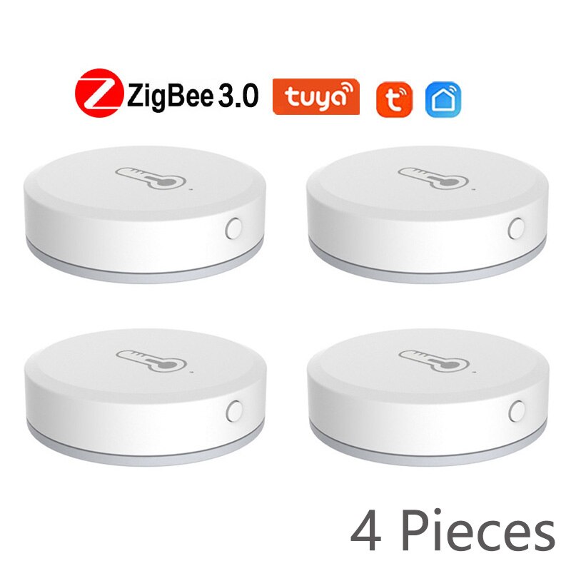 Tuya Smart ZigBee Temperature And Humidity Sensor Battery Powered Home Security With Tuya Smart Life App Alexa Google Home App: 4 Pieces