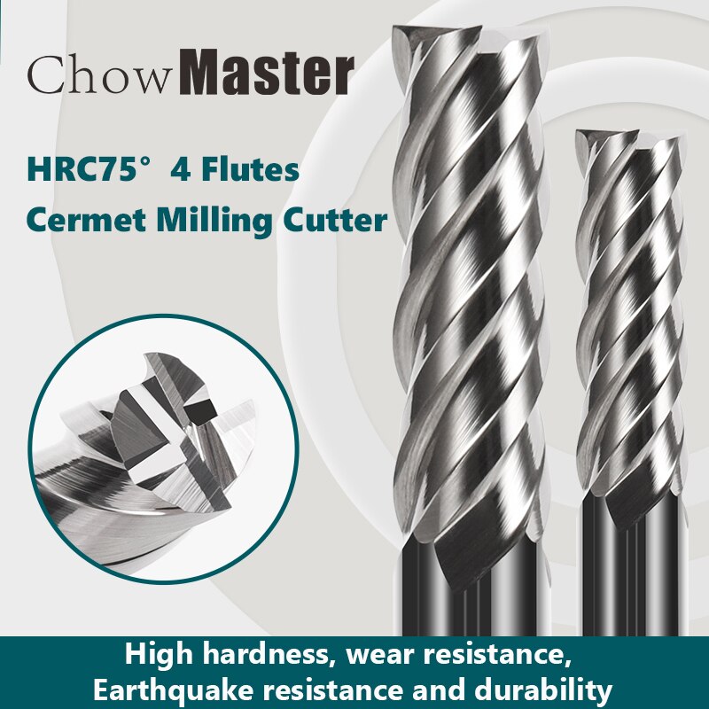 HRC75 Solid Cermet Milling Cutter 4 Flute Uncoated High-hardness CNC Flat-bottomed Super Hard Metal Ceramic End Mill