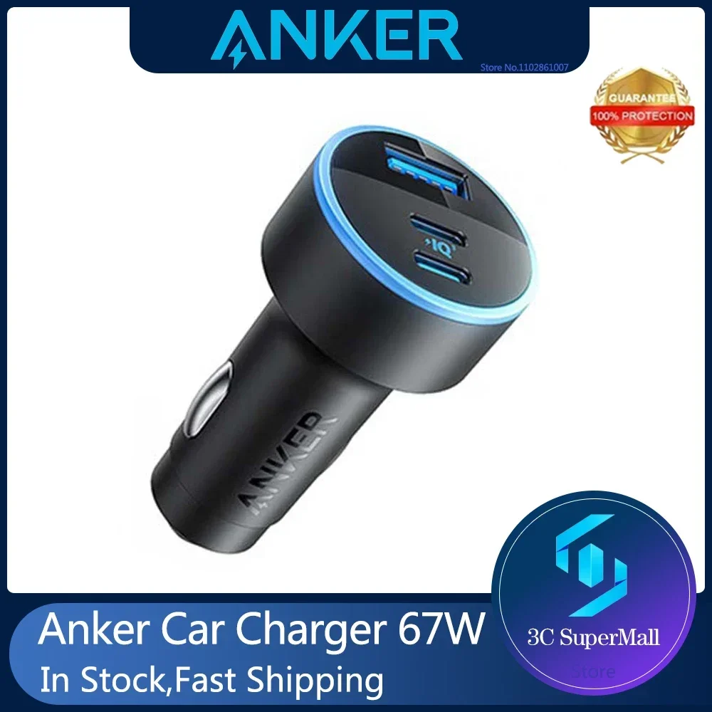 Original Anker 67W USB C Autoladegerät 3-Hafen kompaktes Schnellladegerät Autoadapter mit PIQ 3.0