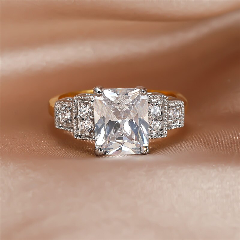 Luxus Weibliche Weiß Kristall Stein Ring Gelb Gold Farbe Hochzeit Ringe Für Frauen Charme Quadrat Engagement Ring