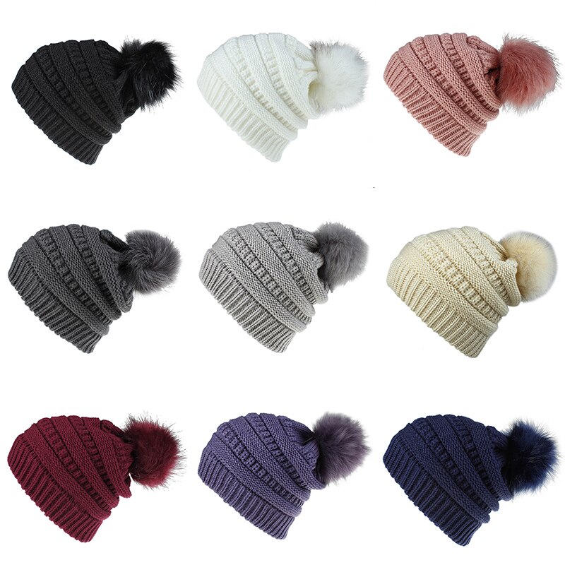 Vrouwen Winter Thicken Warm Gebreide Hoed Mode Faux Fur Pom Pom Warm Ski Cap Effen Kleur Eenvoud Dames Decoratieve hoed