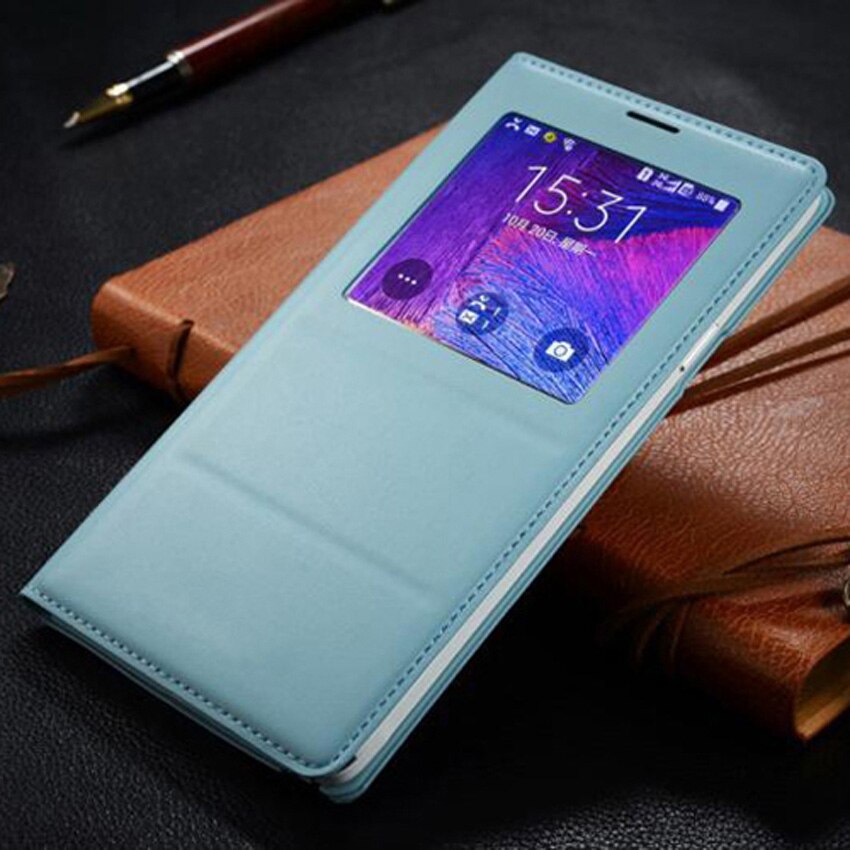 Asuwish Flip-Cover Ledertasche Für Samsung Galaxy Note 4 Note4 N910 N910F N910H Telefon Fall Abdeckung Smart View Mit original Chip: Sky blue