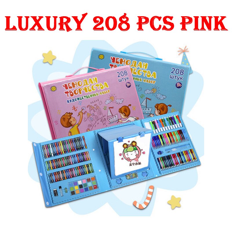 42-208Pcs Kids Draw Set Colored Pencil Crayon Watercolor Pens with Drawing Board Educational Toys Water Painting Art: Luxury 208 pcs Blue