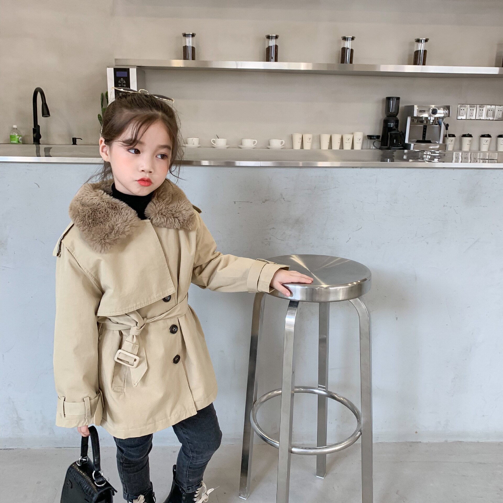 Winter koreaanse kinderjas met bontkraag, dikke katoenen windstopper, lange jas voor coole meisjes