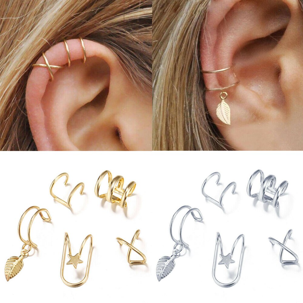 5 unids/set de personalidad creativa DOBLE C cartílago U-en forma de doble capa perforado pendientes sin Piercing