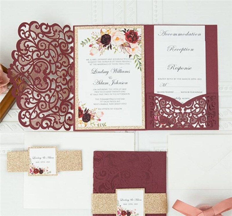 Light pink pearlescent paper invitations, wedding invitations, business invitations, cards, lace hollowed out cards: red