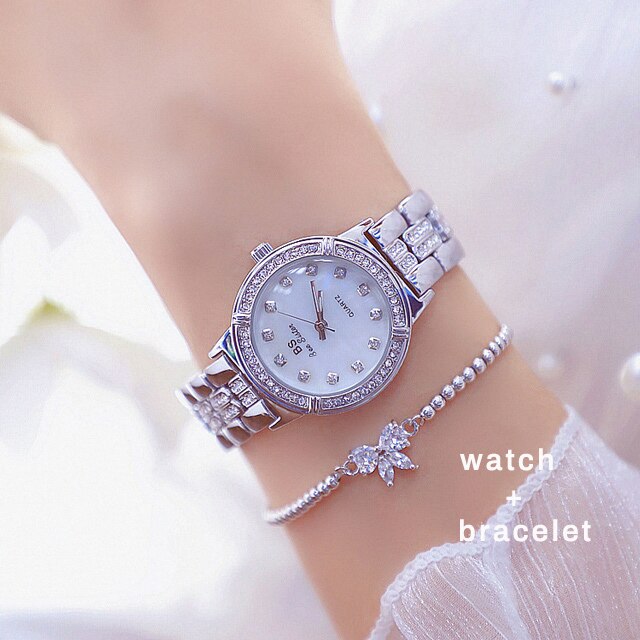 Bee sister dameshorloge luxe roségouden diamanten wijzerplaat met strass steentjes, waterdicht dameshorloge bss -13-38: Zilver met armband