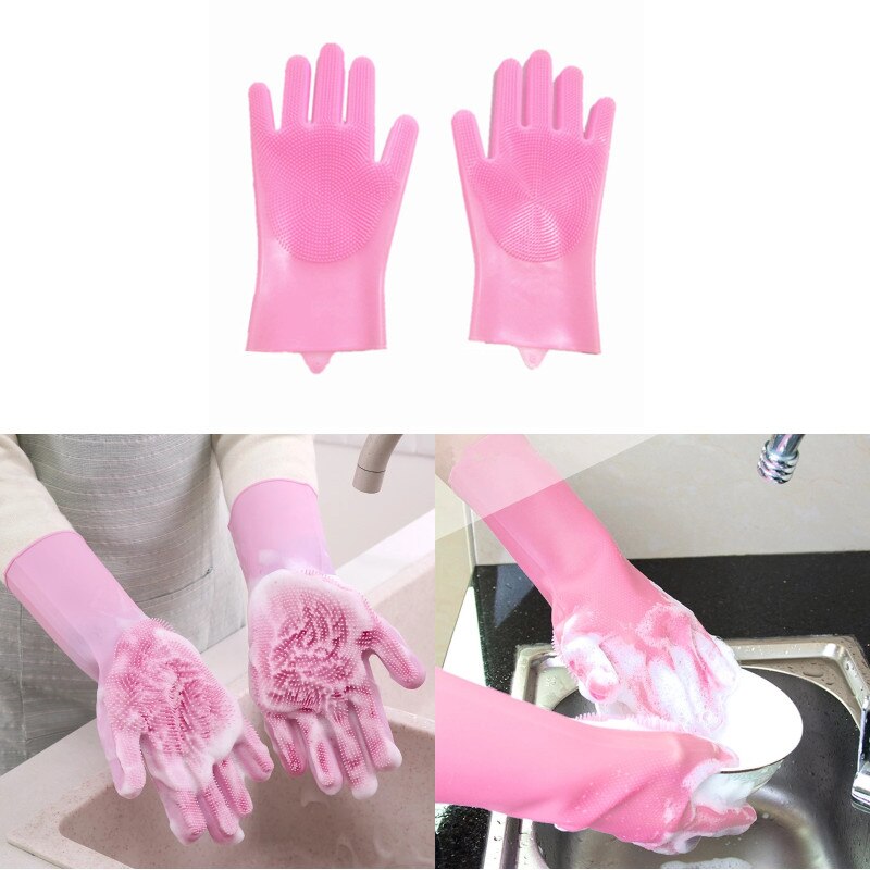 Guantes de limpieza para lavavajillas, guante de esponja de goma de silicona para el hogar, accesorios de cocina, frutas y verduras, Herramientas de limpieza: pink 1 pair