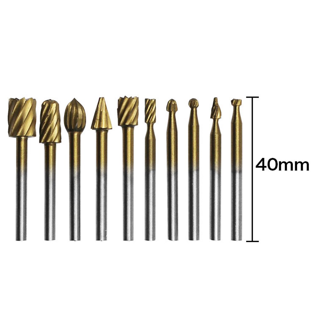 10pcs Titanium Dremel Routing Wood Rotary Milling Rotary File Cutter Woodworking Carving Carved Knife Cutter Tools
