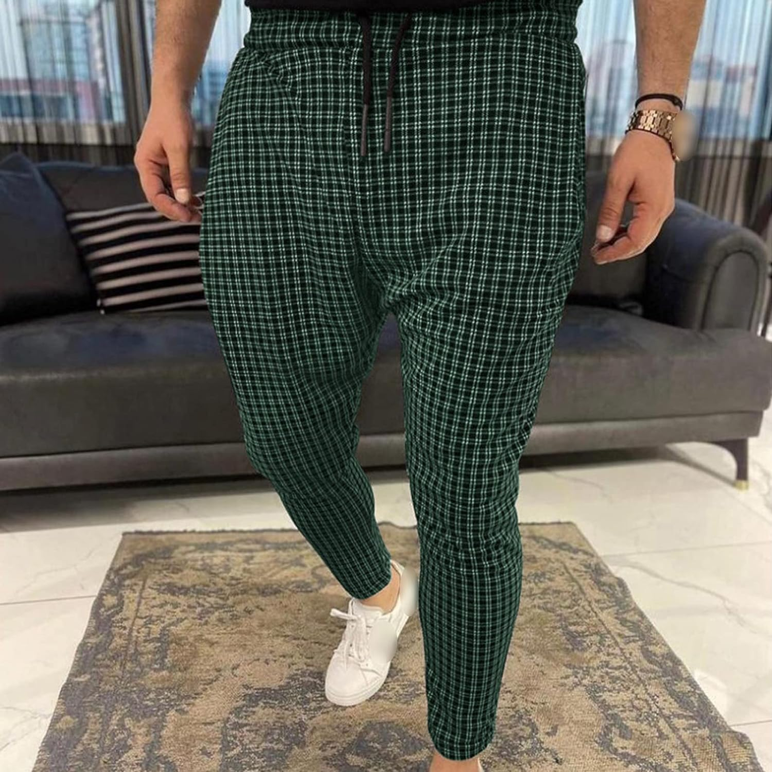 Pantalones jogger a cuadros ajustados para hombre, elegantes y acogedores, con cómodos cintura elástica y cordón para un ajuste perfecto, comple