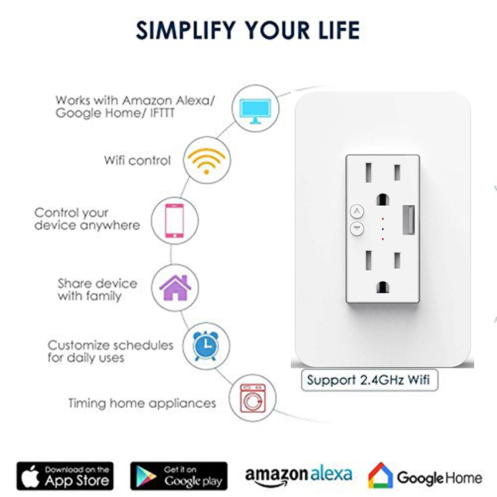 Smart WiFi Wall Outlets US 15A Electrical Socket Plug with USB Charger Tuya Control Alexa Google Home Voice Control