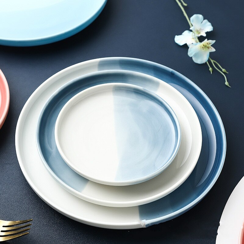20cm/25cm Gradient Color Tableware Plate Nordic Ceramic Steak Pasta Salad Plate Family Hotel Dessert Tray