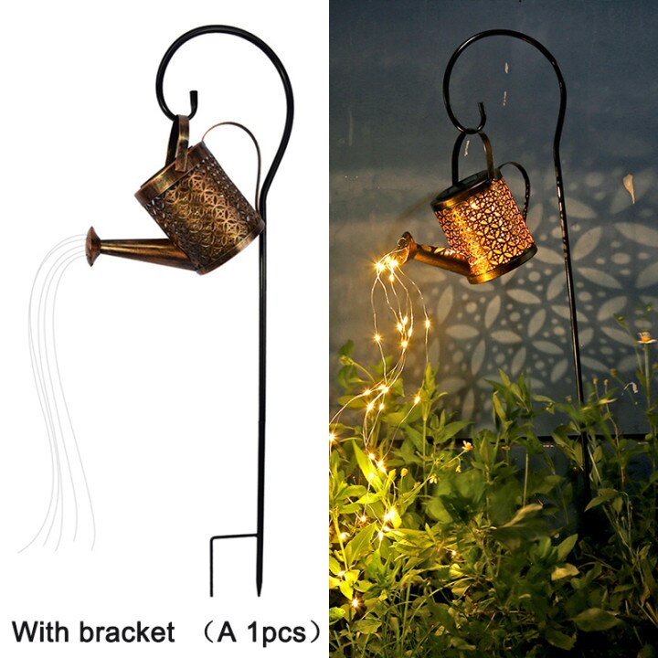 Solar Watering Can Waterfall Lights Garden Outdoor Art Lamps Hollow-out Iron Shower LED String Lights Decoracion Jardin Exterior: With Bracket(A)