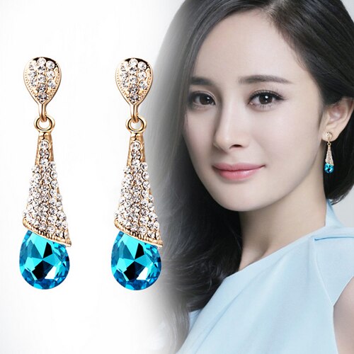 Korean Luxury Rhinestone Crystal Water Long Earrings Jewelry Bride Wedding Earrings Non Pierced Ear Clip Ear Cuff