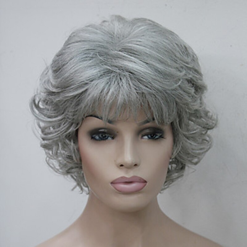 HAIRJOY-Peluca de cabello sintético para mujer, Pelo Rizado corto, color plata, blanco, gris, degradado, fibra resistente al calor