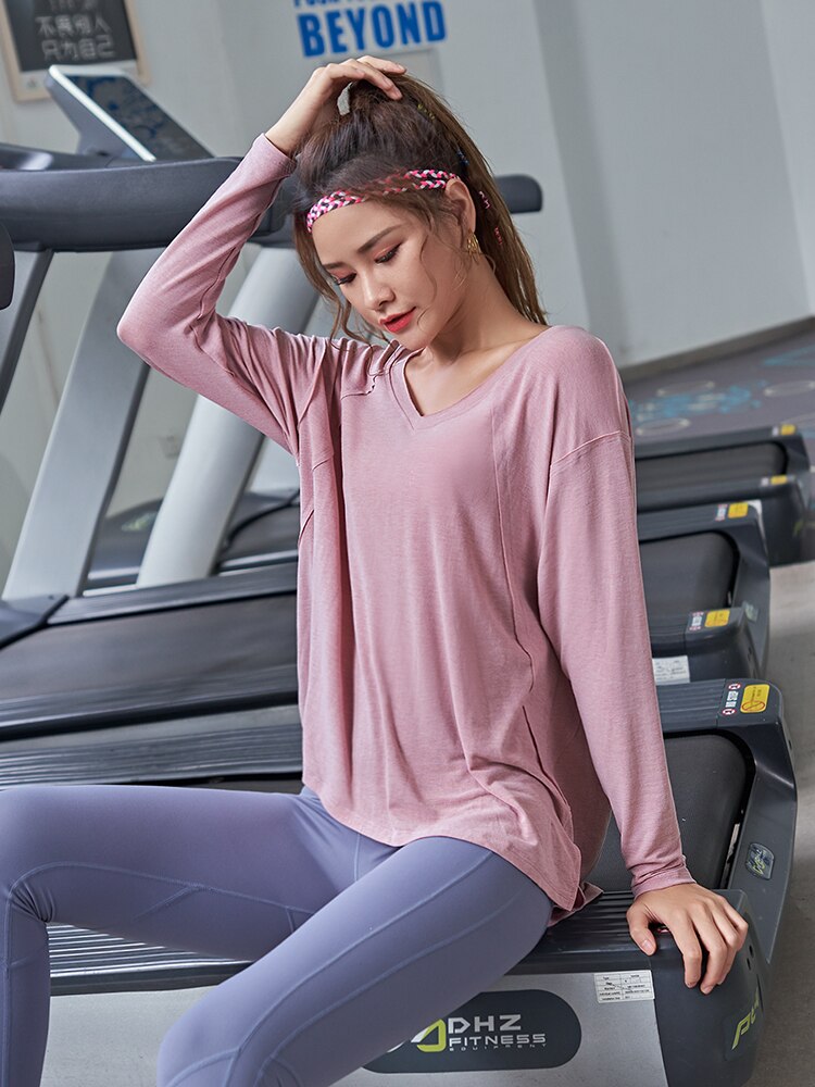 Sportstop kvindes efterår tynd løs bluse yogatøj langærmet t-shirt hurtigtørrende netto rødt fitness tøj: Lyserød