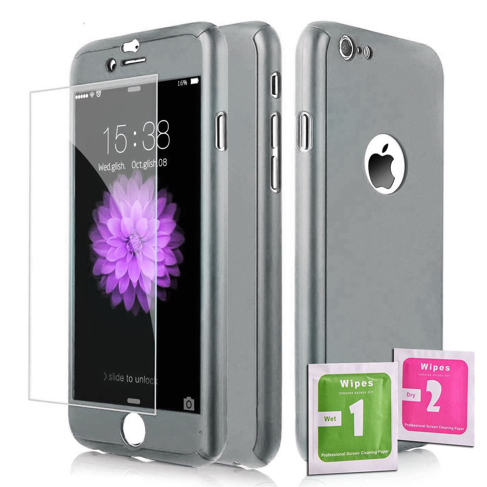 Funda 360° Hibrida para IPHONE 6 / 6S PLATA + Cristal Templado Carcasa