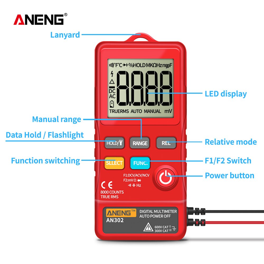 Aneng  an302 true rms digital multimeter tester 8000 teller en multimetro transistor testere bananaligator peak kabel meter