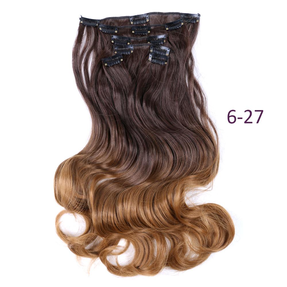 Synthetic Hair 22inch 12clips Hairpiece Body Wave Synthetic High Temperature Fiber Black Brown Ombre Clip In Hair Extensions: 6-27