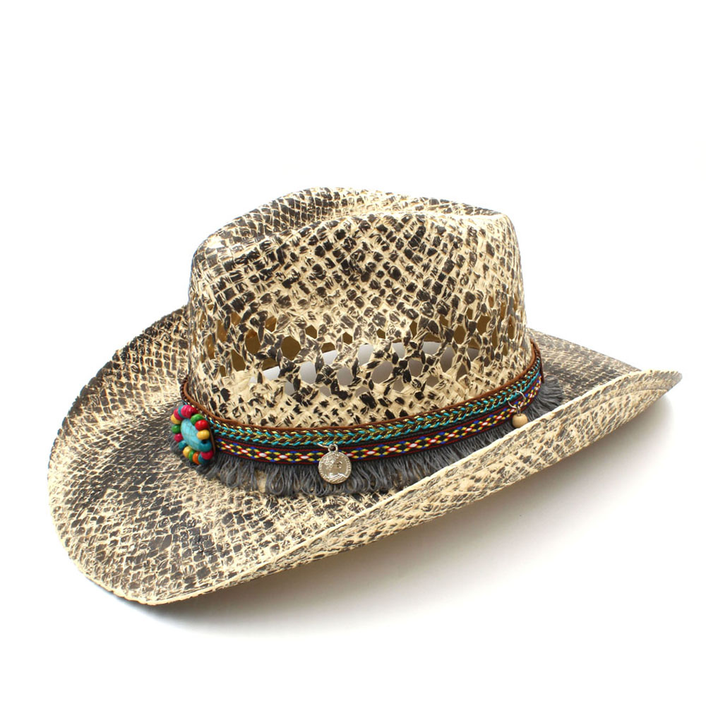 Sombrero de vaquero occidental para mujer, Sombrero de paja tejido a mano, con borlas bohemias, tamaño 56-58CM