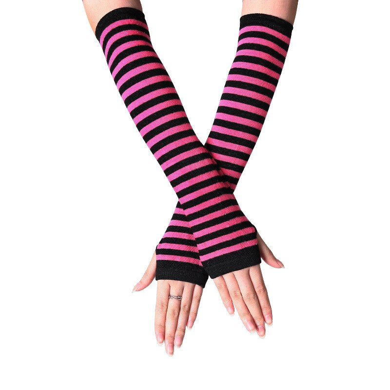 Vrouwen Lady Gestreepte Elleboog Handschoenen Warmer Gebreide Lange Vingerloze Handschoenen Elleboog Wanten Kerst Accessoires: black rose red