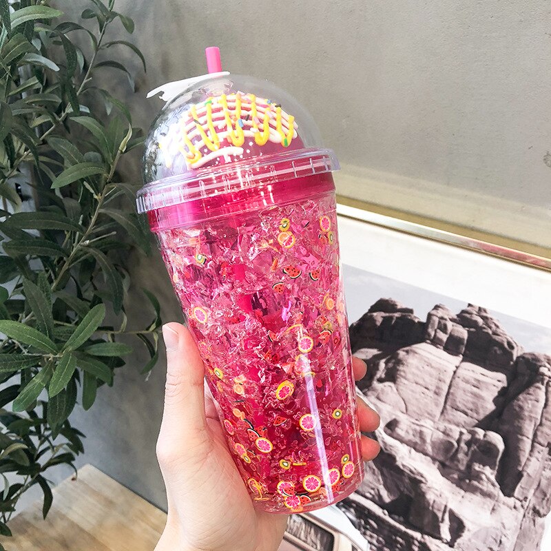Summer Fruit Ice Cup Double Layer Refrigeration Net Red Straw Plastic Cup Large Capacity Korean Hipster Cup: RED