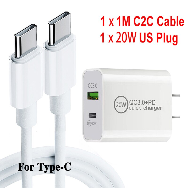 USB fast charge plug PD 5V3A 9V2A QC3.0 Mobile phone tablet charge cable For UK/AU/US/EU For iPhone/Type-C 20W Office charger: US C2C