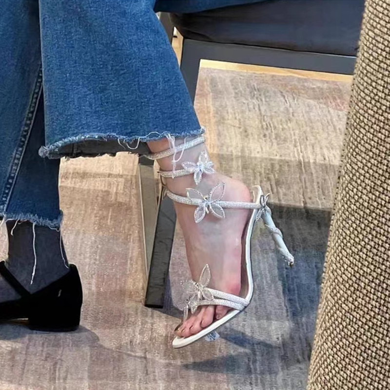 Sandalias de lujo con adornos de cristal y detalle de mariposa para mujer, sandalias de gladiador de tacón alto fino con correa en espiral, zapatos de de verano